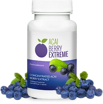 Frasco de Acai Berry Extreme mostrando los beneficios para la pérdida de peso